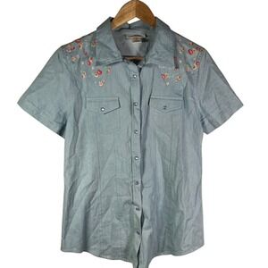 Back in the Saddle Floral Embroidered Western Shirt Short Sleeve Blue‎ M